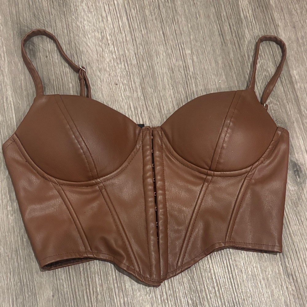 Brown Faux Leather Bustier Top